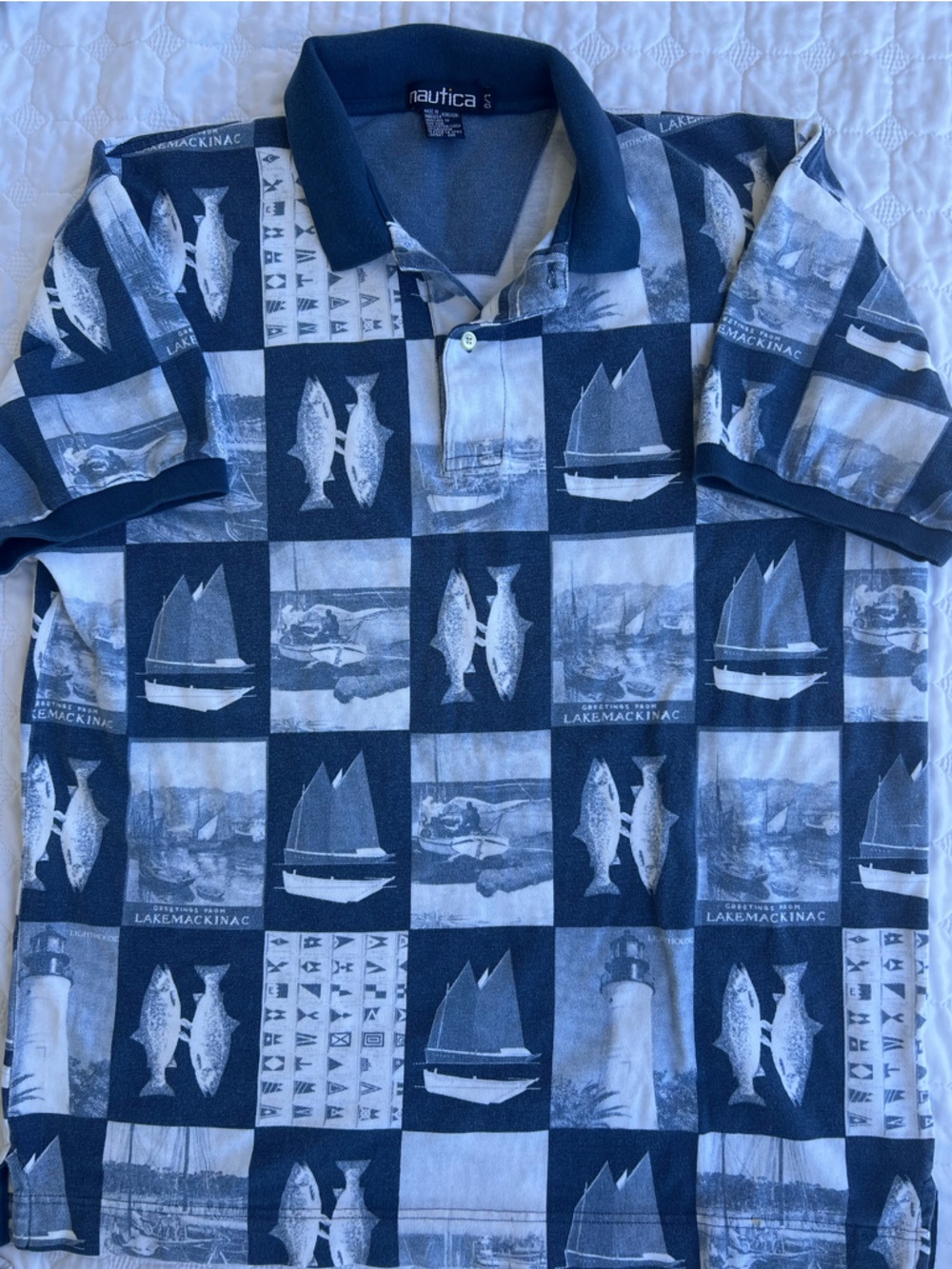 Vintage 90s Nautica Nautical Fish + Sailboat Patchwork Polo Shirt 🌊⛵️ Size Large